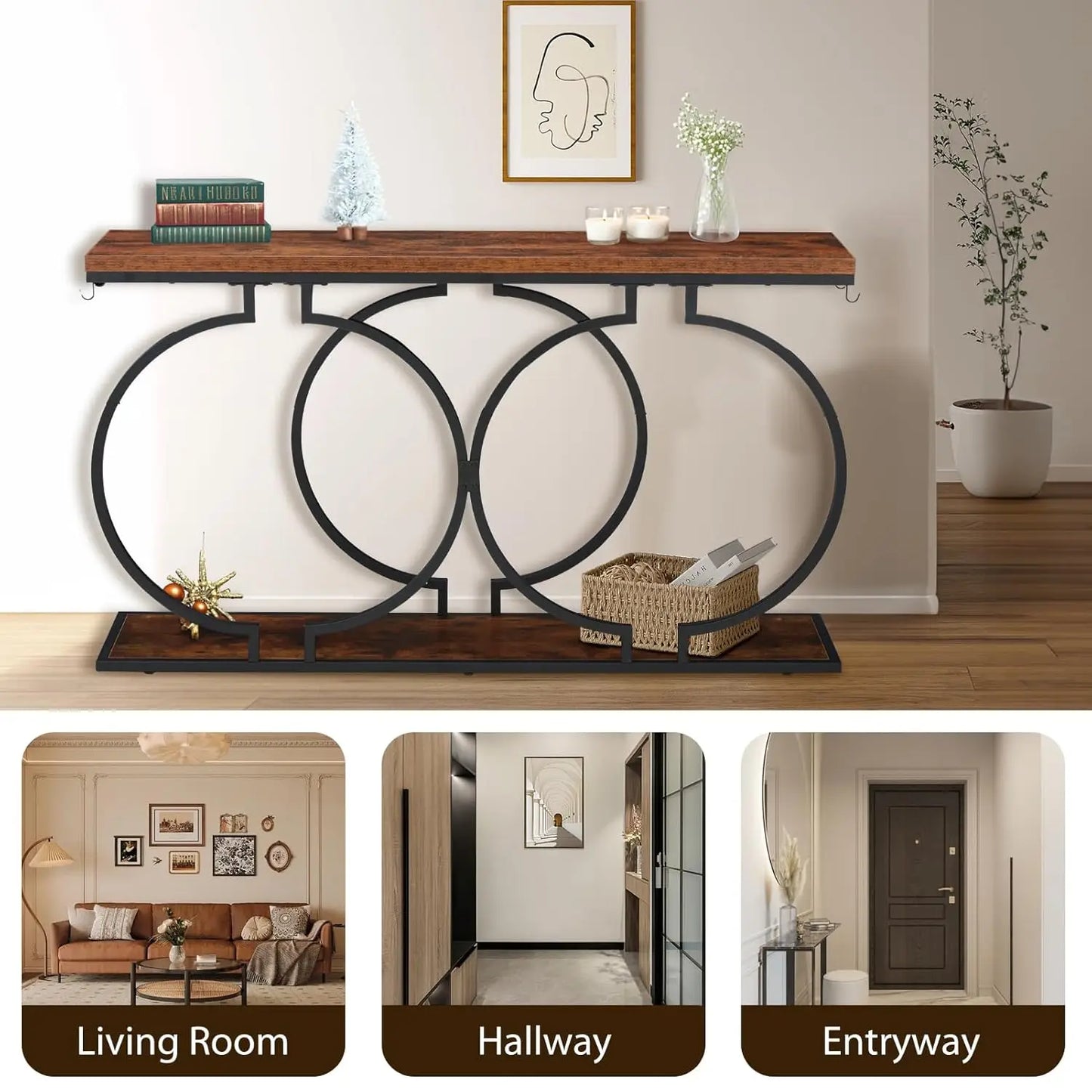 55in Narrow Console Table Wood Circle Base Storage Shelf