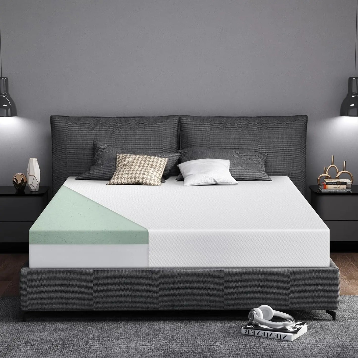 8/10 Inch Queen Size Mattress, Cover, Premier Cooling Green Tea/Gel Medium Firm Mattress in a Box.