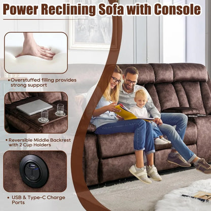 Sofa ,Reclining Couch with Massage, Heat & Cup Holders–Dutch Velvet Power Reclining Sofa with USB/Type-C Ports, S