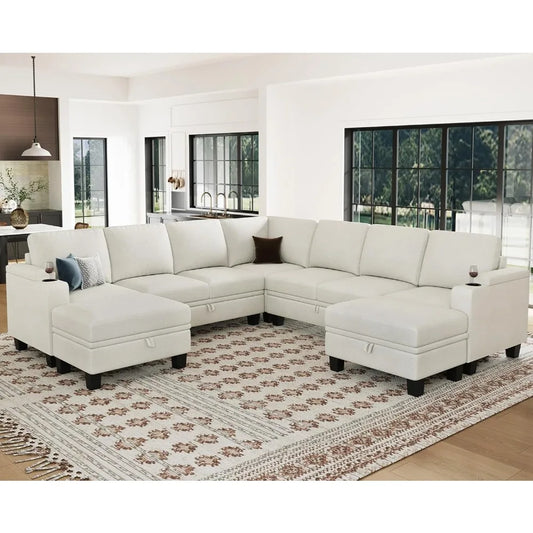Sectional Sofa Couch with Storage U Shape Convertible Corner Couches, White