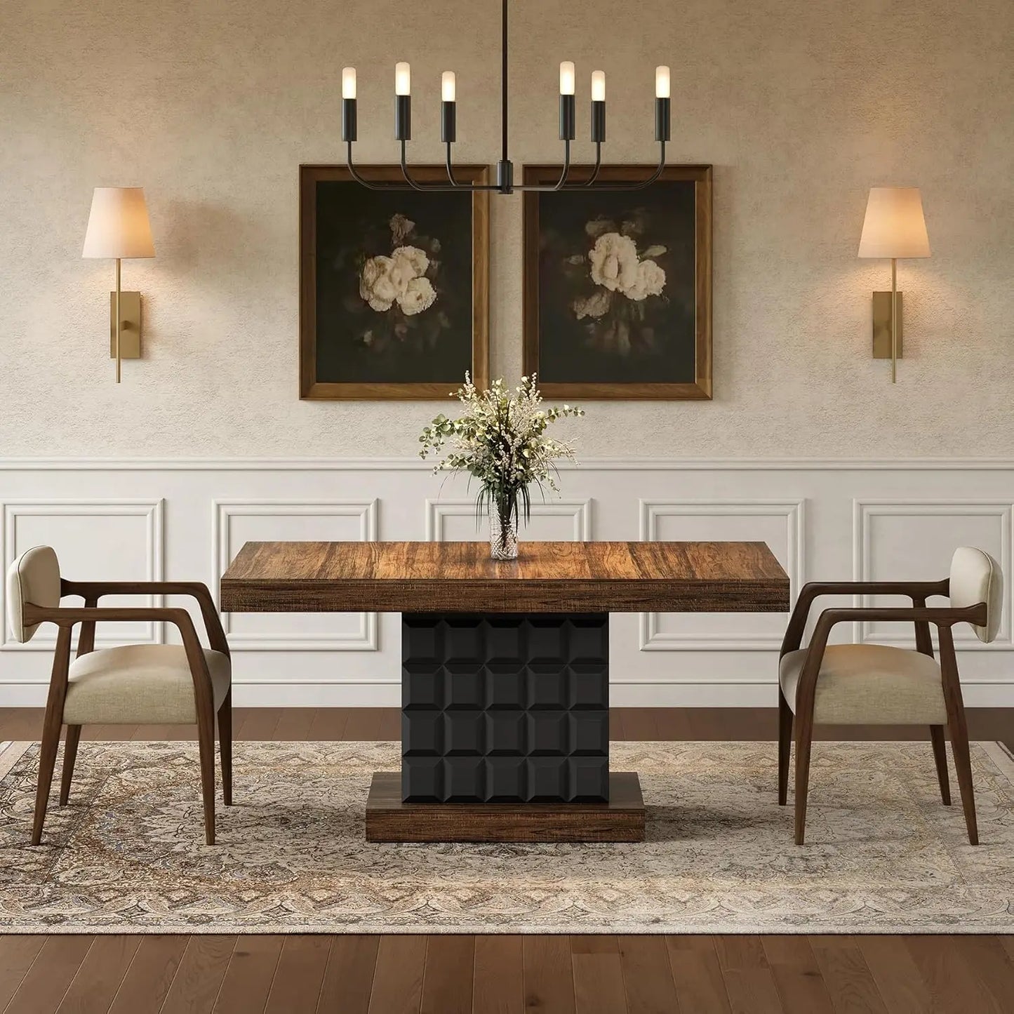 Modern Rectangular Dining Table for 4-6, Farmhouse Kitchen Table with Sturdy Wood Pedestal Base in Rustic Brown & Black