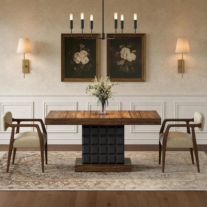 Modern Rectangular Dining Table for 4-6, Farmhouse Kitchen Table with Sturdy Wood Pedestal Base in Rustic Brown & Black