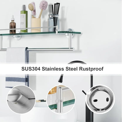 20 Inch Tempered Glass Floating Shelf with Towel Rack