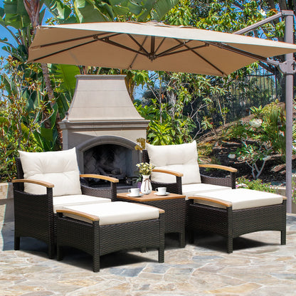 5PCS Patio Rattan Furniture Set, Sofa Ottoman Cushioned, Table W/Wood Top