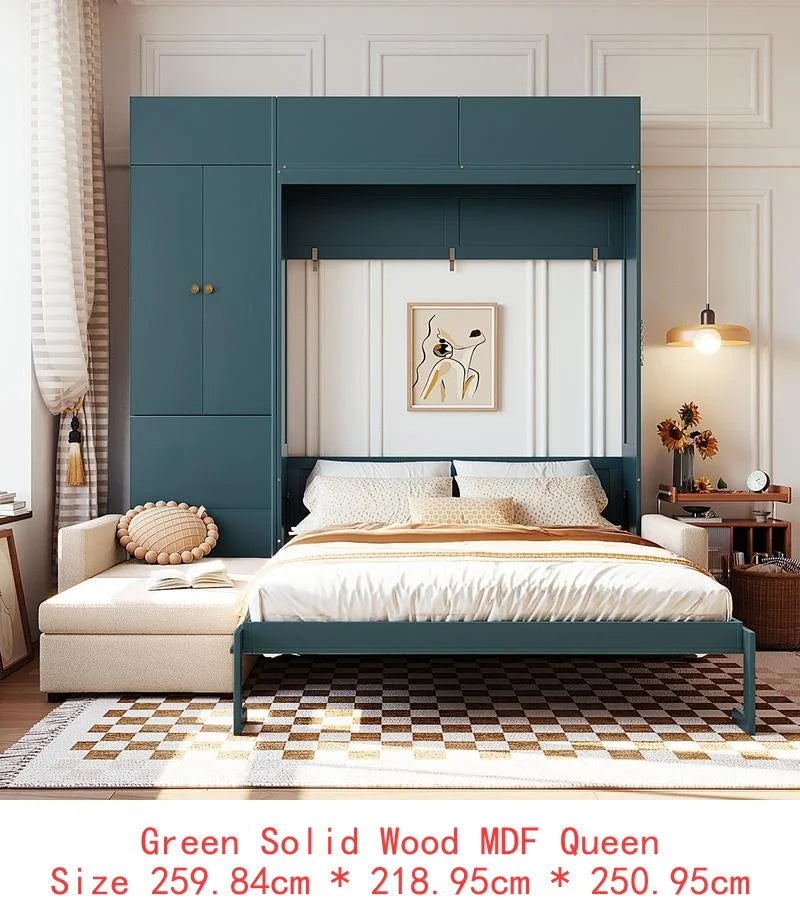 Queen Murphy Bed with Sofa and Shelves, Beige Wall Bed System for Space Saving Solution