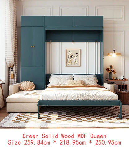 Queen Murphy Bed with Sofa and Shelves, Beige Wall Bed System for Space Saving Solution
