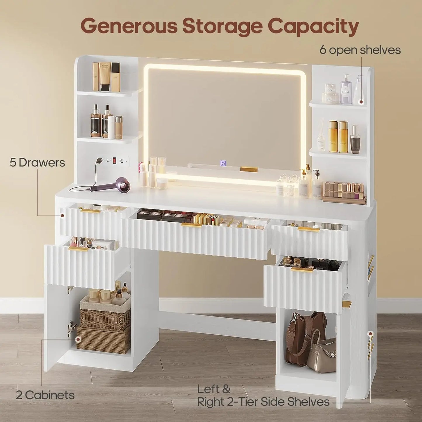 51.2" Fluted Makeup Vanity Desk, 5 Drawer , 6 Open Shelves, Modern Dressing Table-White