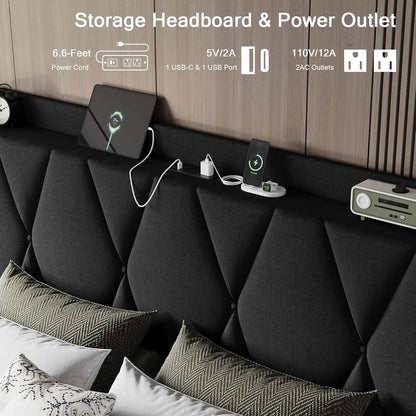 Full Size Bed Frame with Storage Drawers, Charging Station, and Upholstered Headboard - Easy Assembly, Black