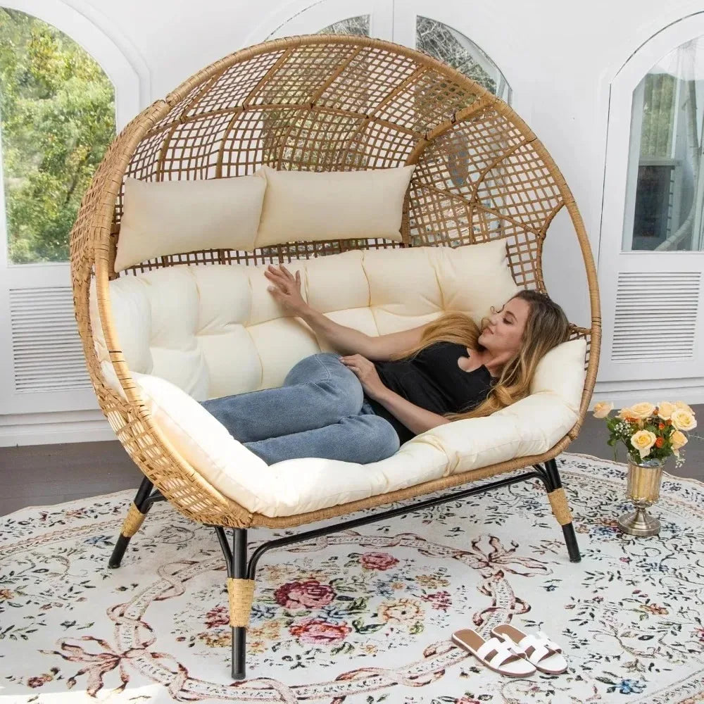 Lounge Chairs-Double Egg Chair Indoor Outdoor Stationary Thicken Padded Cushions,680 lbs，