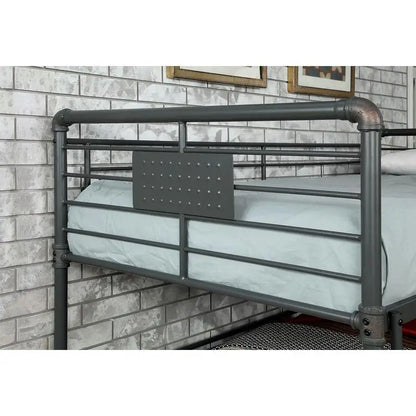 Industrial Style Metal Bunk Bed Twin Over Full Over Queen with Guard Rails and Curved Ladder, Antique Black Finish
