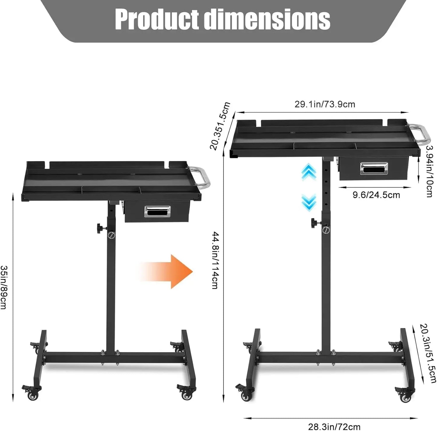 Mobile Work Table with Adjustable Height – 300Lbs Capacity Mechanic Rolling Tool Cart with Brakes for Garage Car Repair Shop