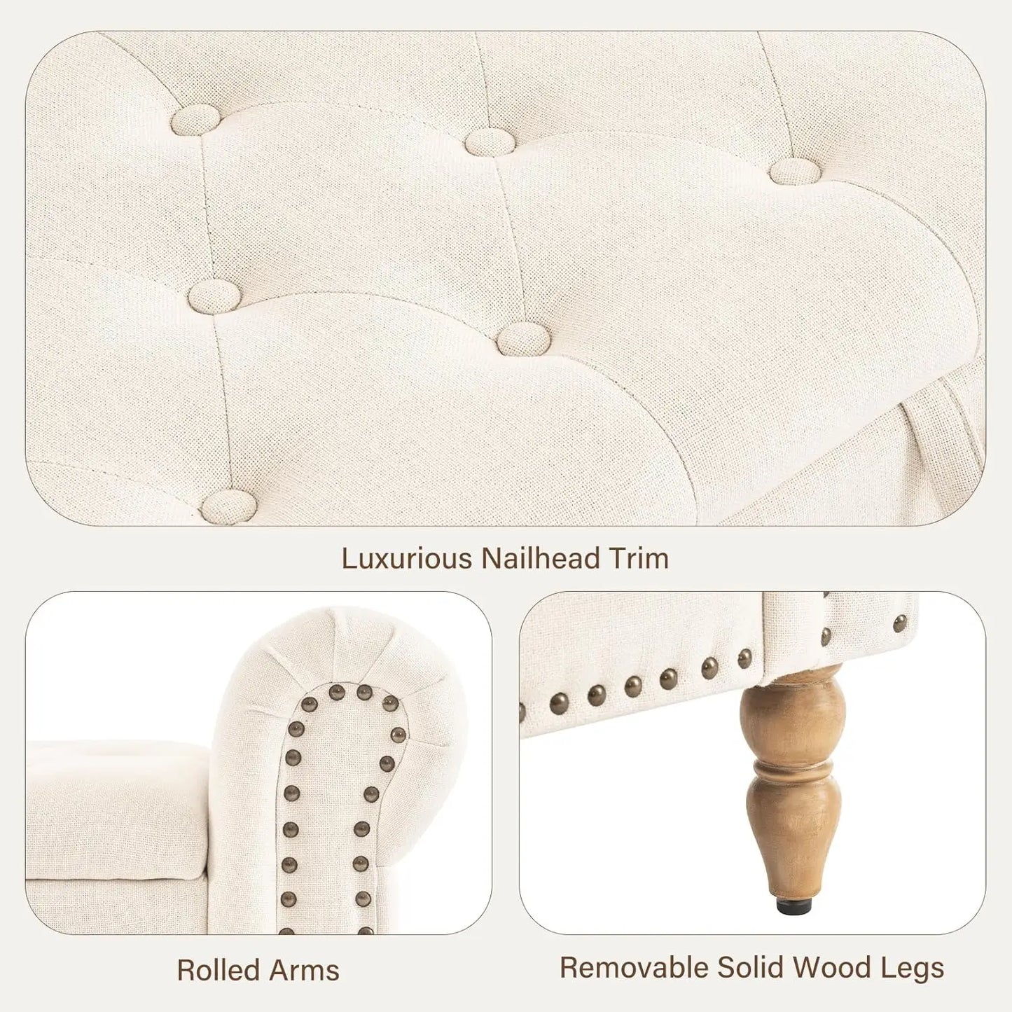 Storage Bedroom Bench for End of Bed, Faux Linen Upholstered Storage Ottoman with Rolled Arms for Bedroom,Living Room