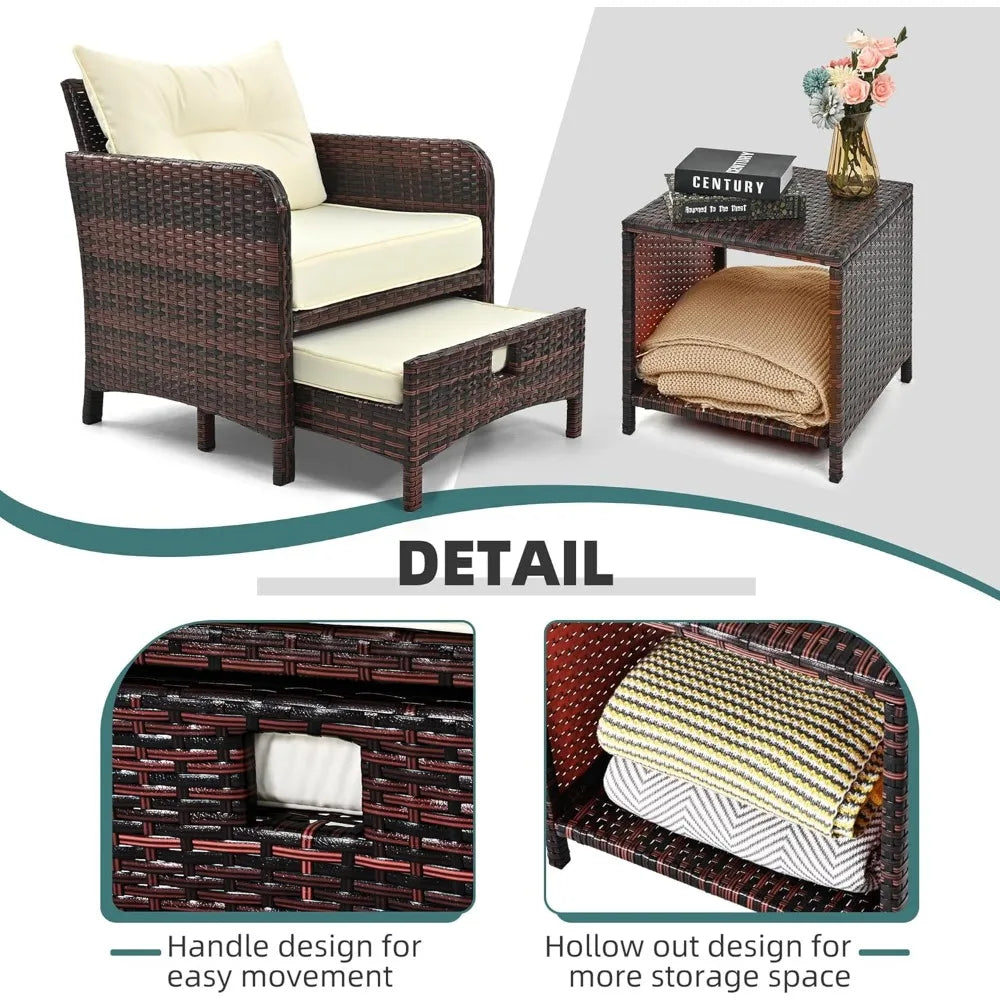 5 Pieces , Rattan Balcony Furniture with Ottomans, PE Wicker Outdoor Patio Chairs Set with Coffee Table