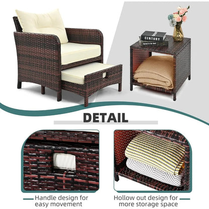 5 Pieces , Rattan Balcony Furniture with Ottomans, PE Wicker Outdoor Patio Chairs Set with Coffee Table