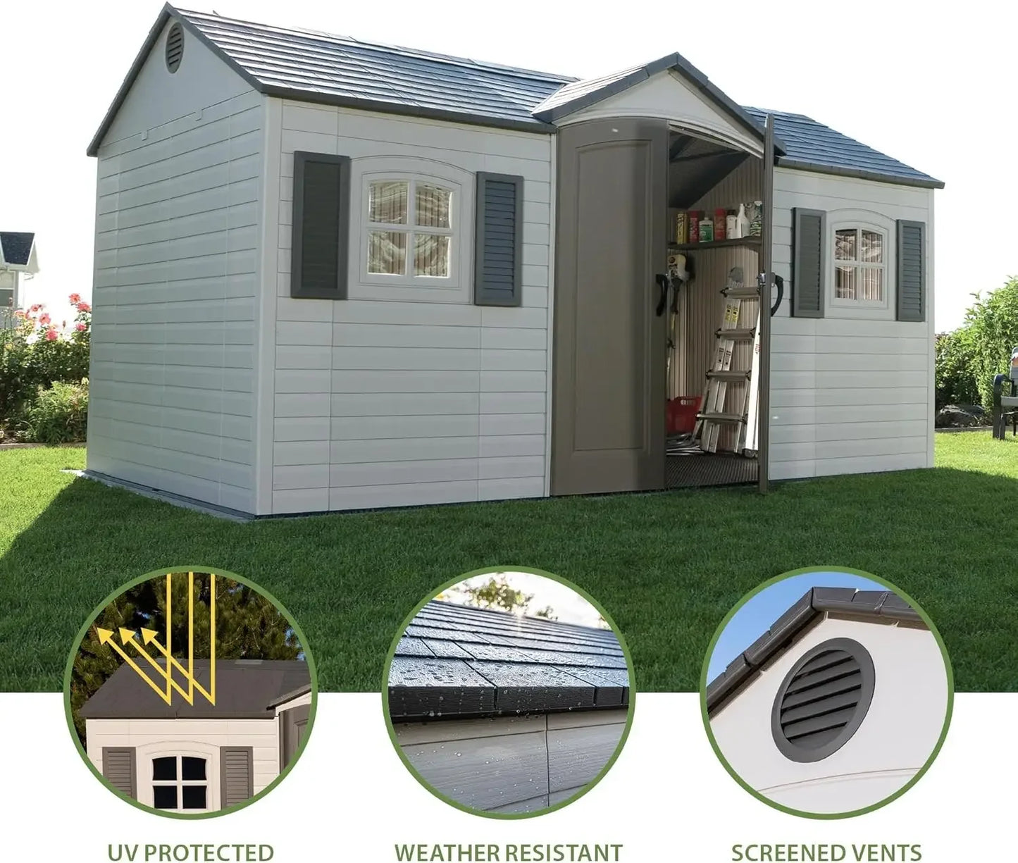 Outdoor Storage Shed 8x15 Foot- Desert Sand, Heavy Duty Waterproof, UV Resistant Metal Frame Garden Shed