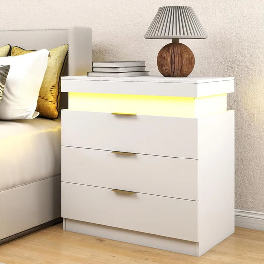 30.5''H Tall White Nightstand with LED Light, Large Night Stand with 3 Drawer & Sliding Top Bedside Table