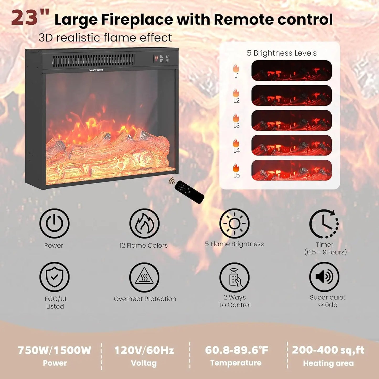 Fireplace TV Stand, Farmhouse Entertainment Center with 23" Electric Fireplace for TVs UP to 65",