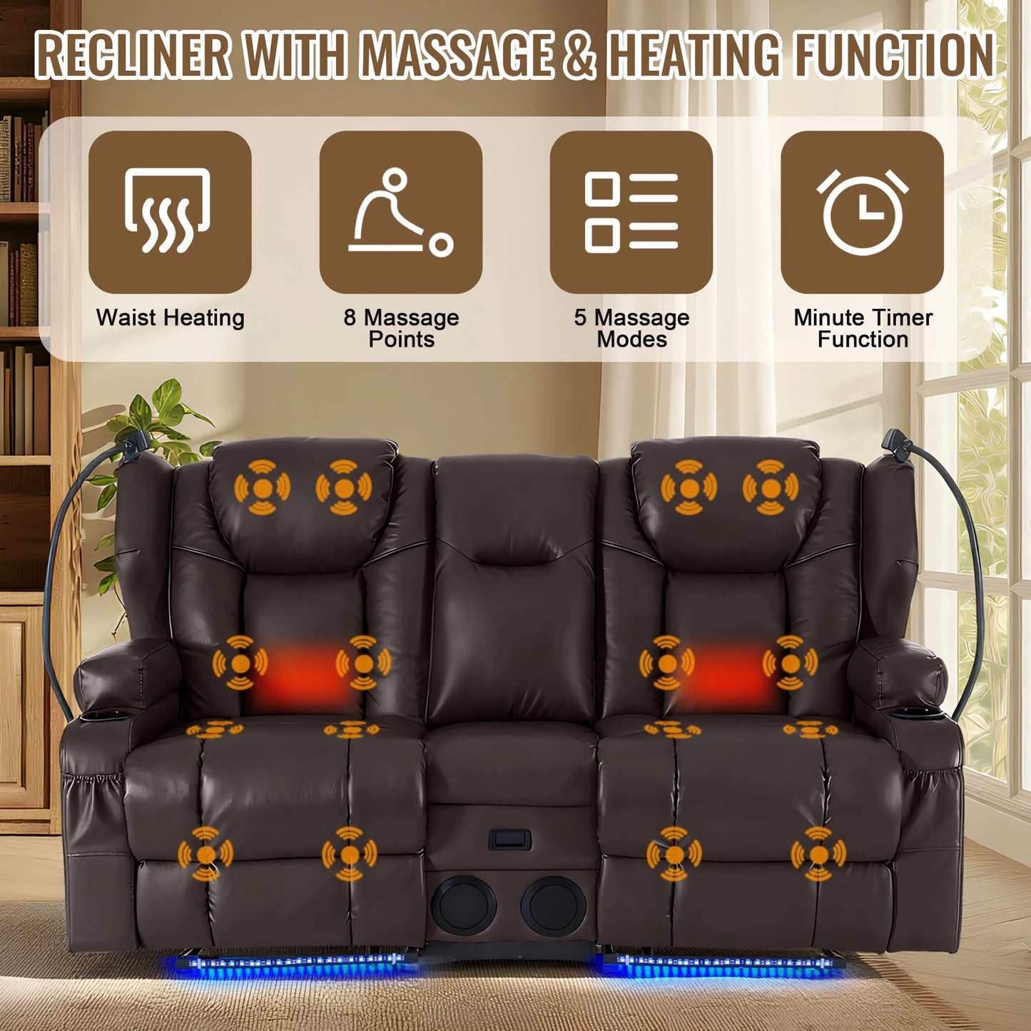 Loveseat Electric Recliner Sofa for Seniors, Massage & Heat,Dual Motor,350LBS Capacity,Cat-Claw Leather,For Living Room
