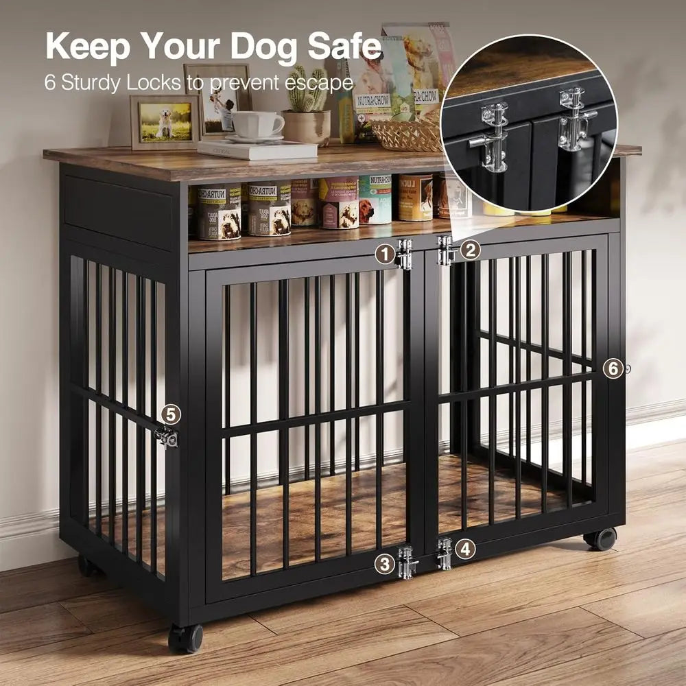 39.4" Dog Crate for Medium and Large Breed, Dog Kennel with Storage Shelf & Lockable Wheels, Heavy Duty Wood
