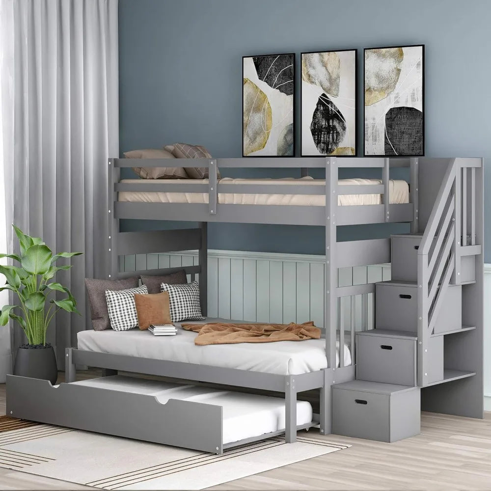 Stairway Twin Over Twin/Full Bunk Bed with Twin Size Trundle and Drawers, Solid Wood Bunk Bed, Staircase