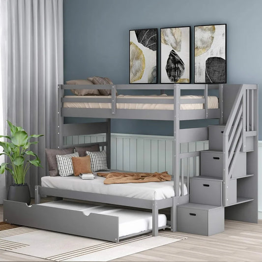 Stairway Twin Over Twin/Full Bunk Bed with Twin Size Trundle and Drawers, Solid Wood Bunk Bed, Staircase