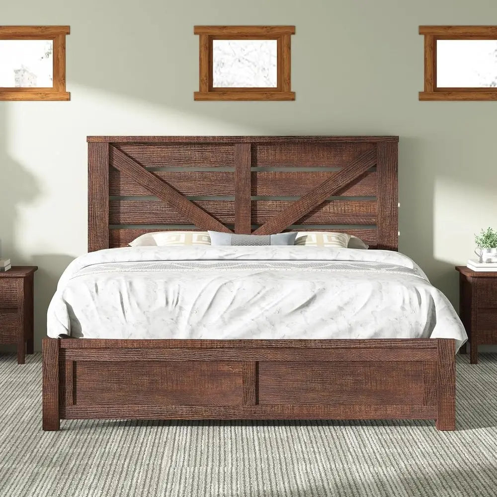 Reclaimed Barnwood Queen Bed Frame with 49.2 Barn Door Headboard, Platform Slat Design, Underbed Storage, Quiet