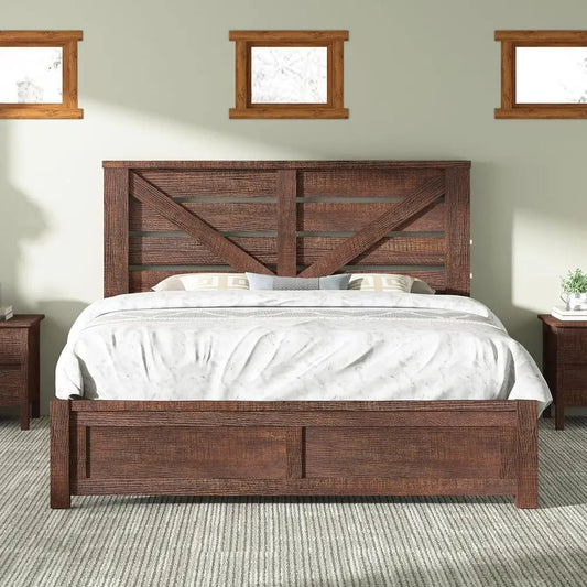 Reclaimed Barnwood Queen Bed Frame with 49.2 Barn Door Headboard, Platform Slat Design, Underbed Storage, Quiet