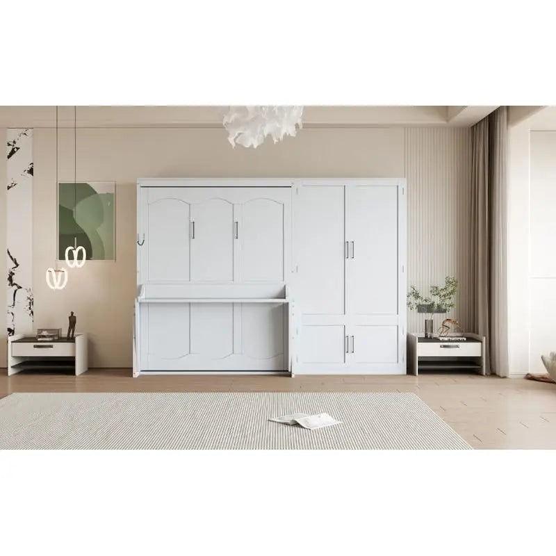 Queen Size Murphy Bed Wall Bed with Closet - White, Space-Saving Design, Ideal for Small Living Areas,