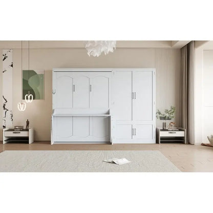 Queen Size Murphy Bed Wall Bed with Closet - White, Space-Saving Design, Ideal for Small Living Areas,