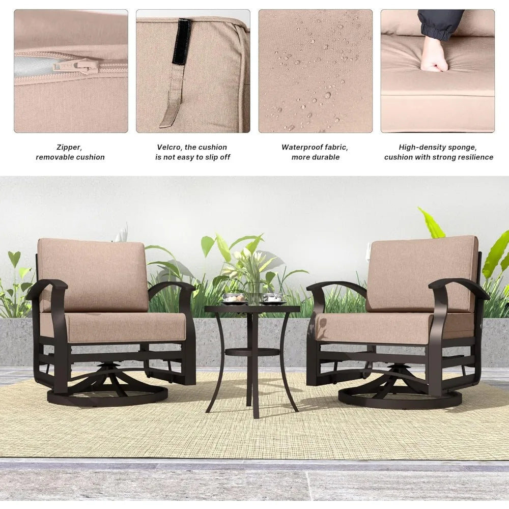 3 Pieces Patio Furniture Set, Outdoor Aluminum Swivel Gliders , Rocking Chairs with Tempered Glass Side Table