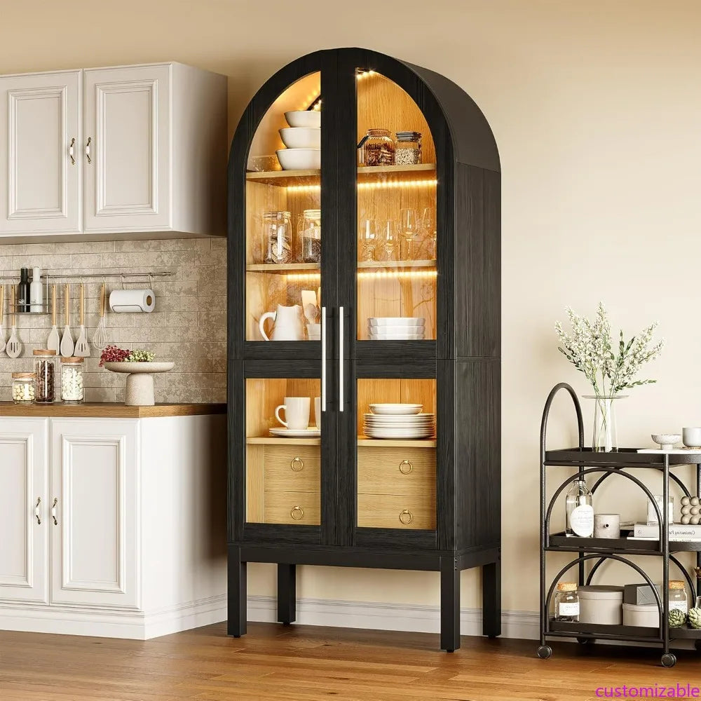 75 Inch Tall Modern Arched Kitchen Pantry Cabinet with Two Large Drawers and Lighting