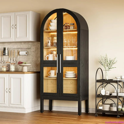 75 Inch Tall Modern Arched Kitchen Pantry Cabinet with Two Large Drawers and Lighting