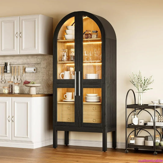 75 Inch Tall Modern Arched Kitchen Pantry Cabinet with Two Large Drawers and Lighting