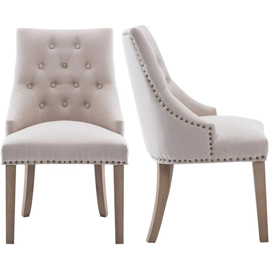 Dining Chair Beige Fabric Leisure Padded Ring Chair, Nailed Trim, Set of 2