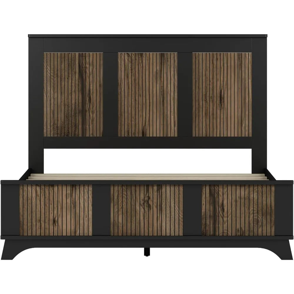 4 Piece Queen Bedroom Set,Queen Size Platform Bed  Qwith Wooden Strip Stickers Decoration, 2 Nightstands and Dresser, 4 Piece Fa