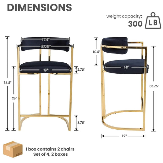 26'' Seat Height Velvet Bar Stools Set of 4, Counter Height, Gold Metal Frame and Footrest, Upholstered Barrel Back