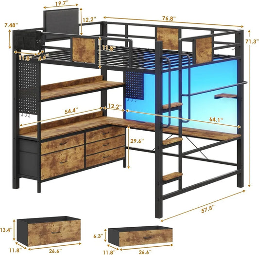Full Size Loft Bed with L-Shaped Desk, 5 Drawers, LED Lights & Charging Station, Rustic Brown