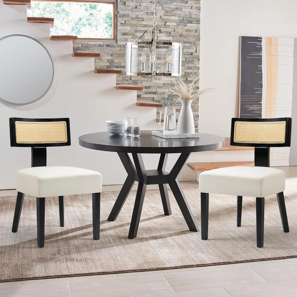 4-Pack Mid-Century Rattan Dining Chairs, Fabric Upholstered, Curved Back & Armless