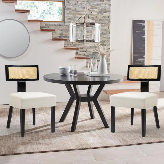 4-Pack Mid-Century Rattan Dining Chairs, Fabric Upholstered, Curved Back & Armless