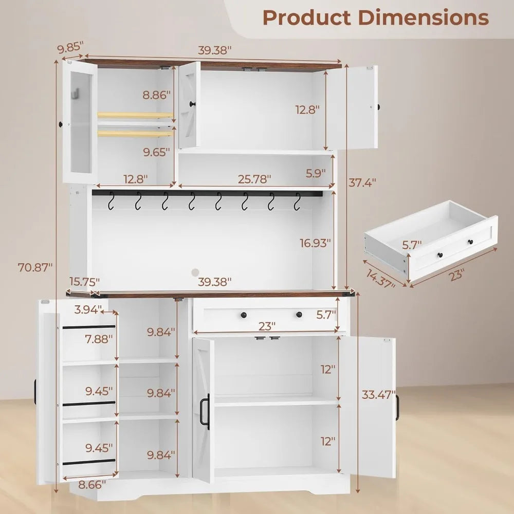 Farmhouse Kitchen Pantry Cabinet, Kitchen Cabinet with Drawer & Doors, Barn Doors Storage Cabinets with Adjustable Shelf
