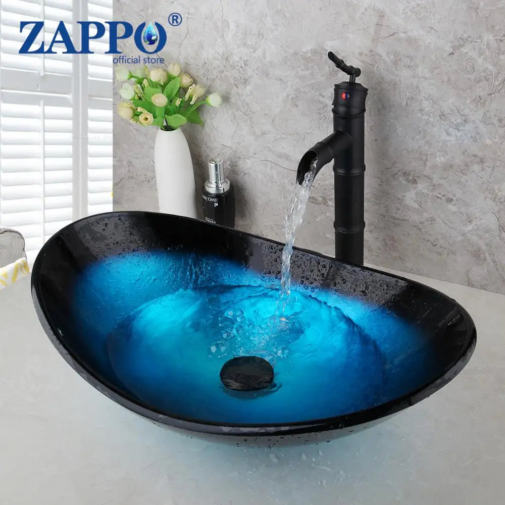 Tempered Above Counter Basin Glass Sink with Waterfall Faucet Tap