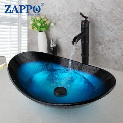 Tempered Above Counter Basin Glass Sink with Waterfall Faucet Tap
