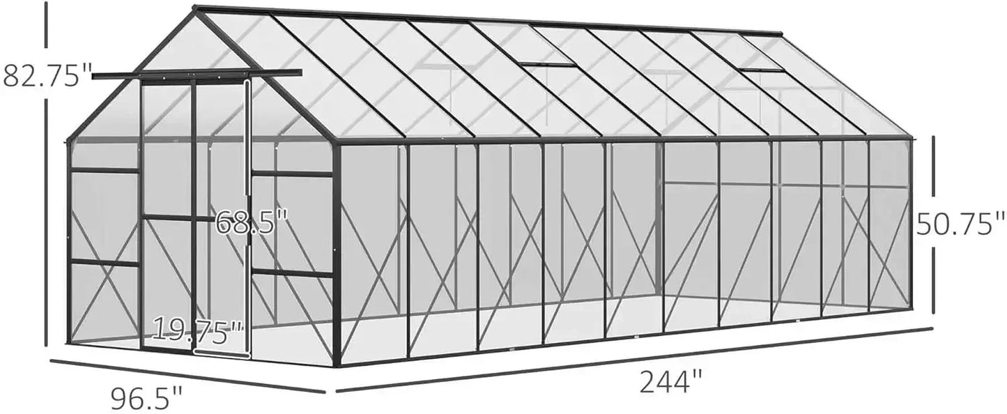 20' X 8' Aluminum Greenhouse Polycarbonate Walk-in Garden Greenhouse Kit with Adjustable Roof Vent 244.1"L x 96.5"W x 82.7"H