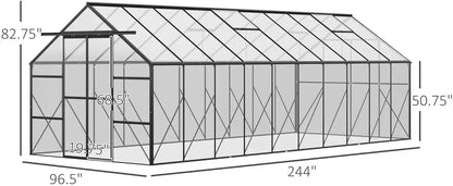 20' X 8' Aluminum Greenhouse Polycarbonate Walk-in Garden Greenhouse Kit with Adjustable Roof Vent 244.1"L x 96.5"W x 82.7"H