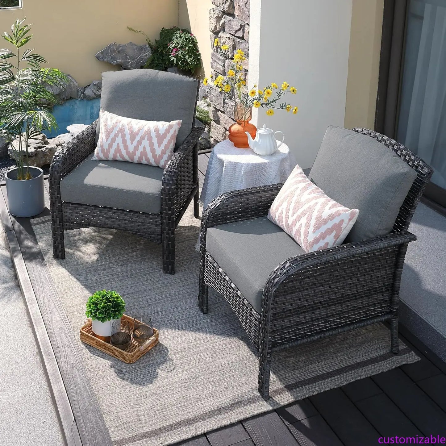 2 Pieces Patio Furniture Set, Outdoor Wicker Chairs of 2, All Weather High Back Rattan Chairs
