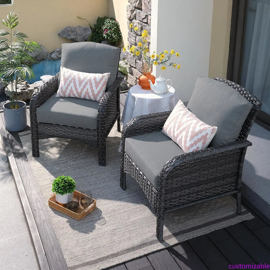 2 Pieces Patio Furniture Set, Outdoor Wicker Chairs of 2, All Weather High Back Rattan Chairs