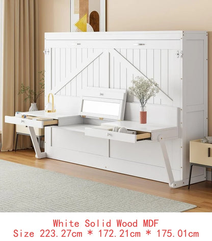 Queen Size Murphy Bed with Storage, Foldable Cabinet Bed with Desk, Center Mirror & 2 Side Drawers, White Finish
