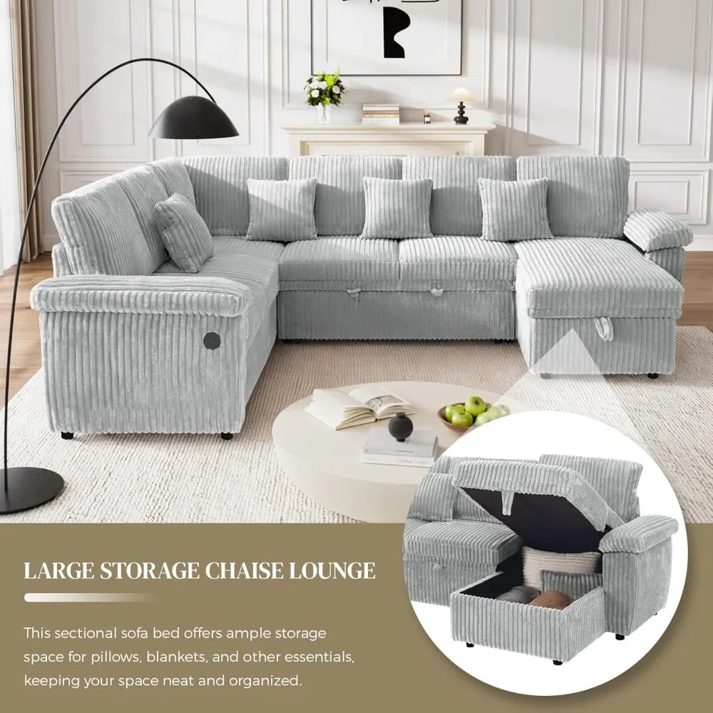Sectional Sleeper Sofa with Pull Out Bed and Storage Chaise, Fluffy Soft Corduroy Fabric, Modern Comfy U Shaped Couch.
