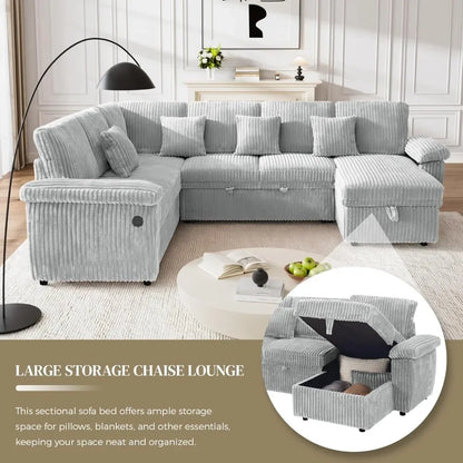 Sectional Sleeper Sofa with Pull Out Bed and Storage Chaise, Fluffy Soft Corduroy Fabric, Modern Comfy U Shaped Couch.