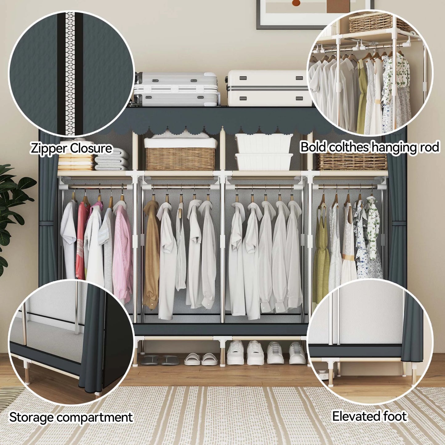 79 Inch Wide Walk-in Closet with Drawers, Large Portable Wardrobe with Included Dust Cover, Storage